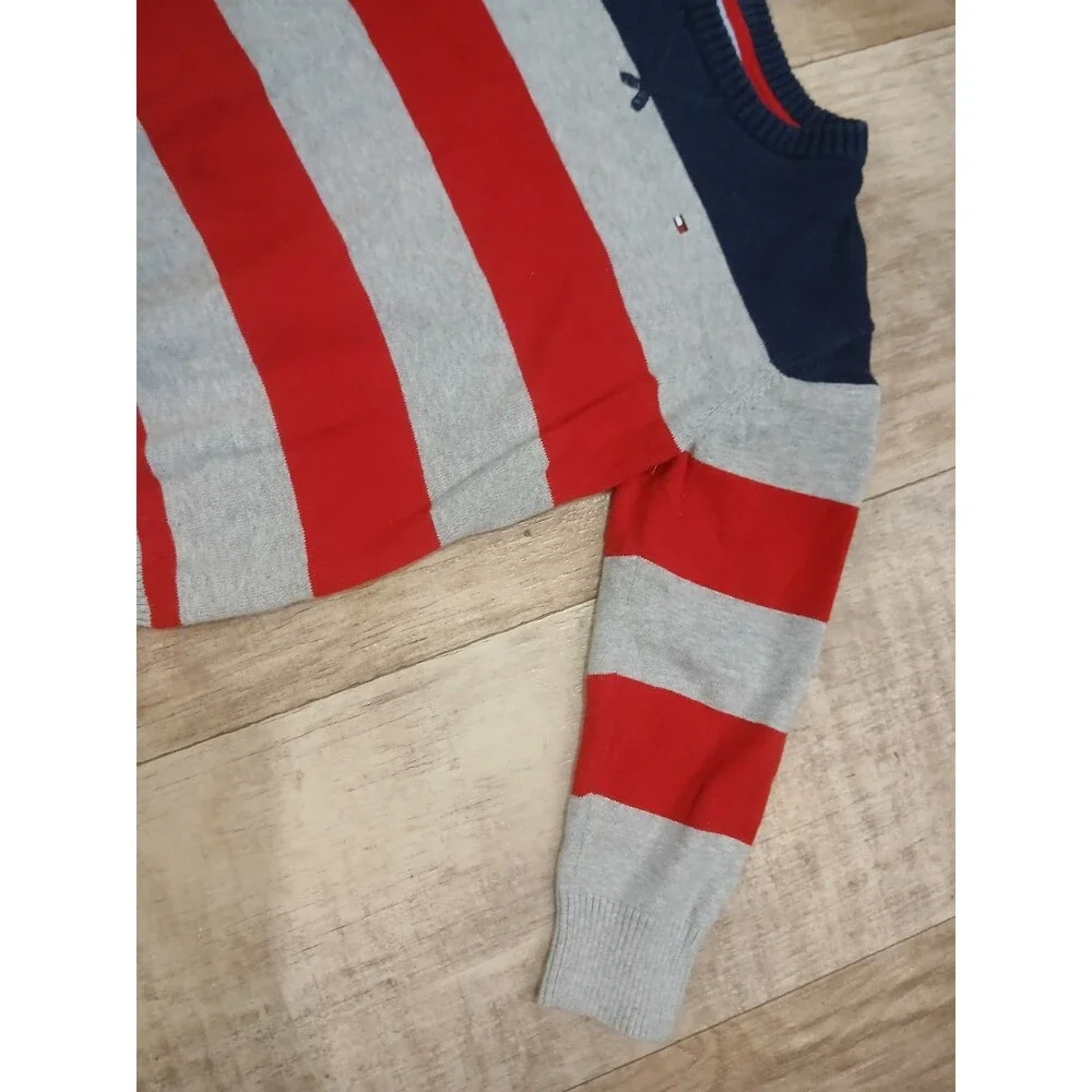 Tommy Hilfiger Boys Cotton Blue Gray Red Striped Long Sleeve Sweater Size 7